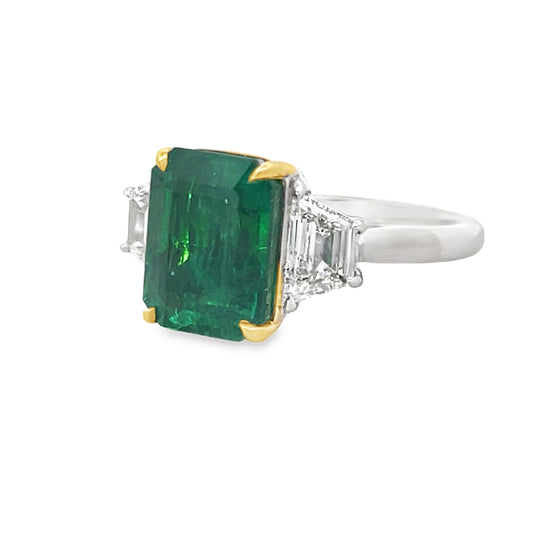 18KW EMERALD CUT EMERALD AND DIAMOND RING