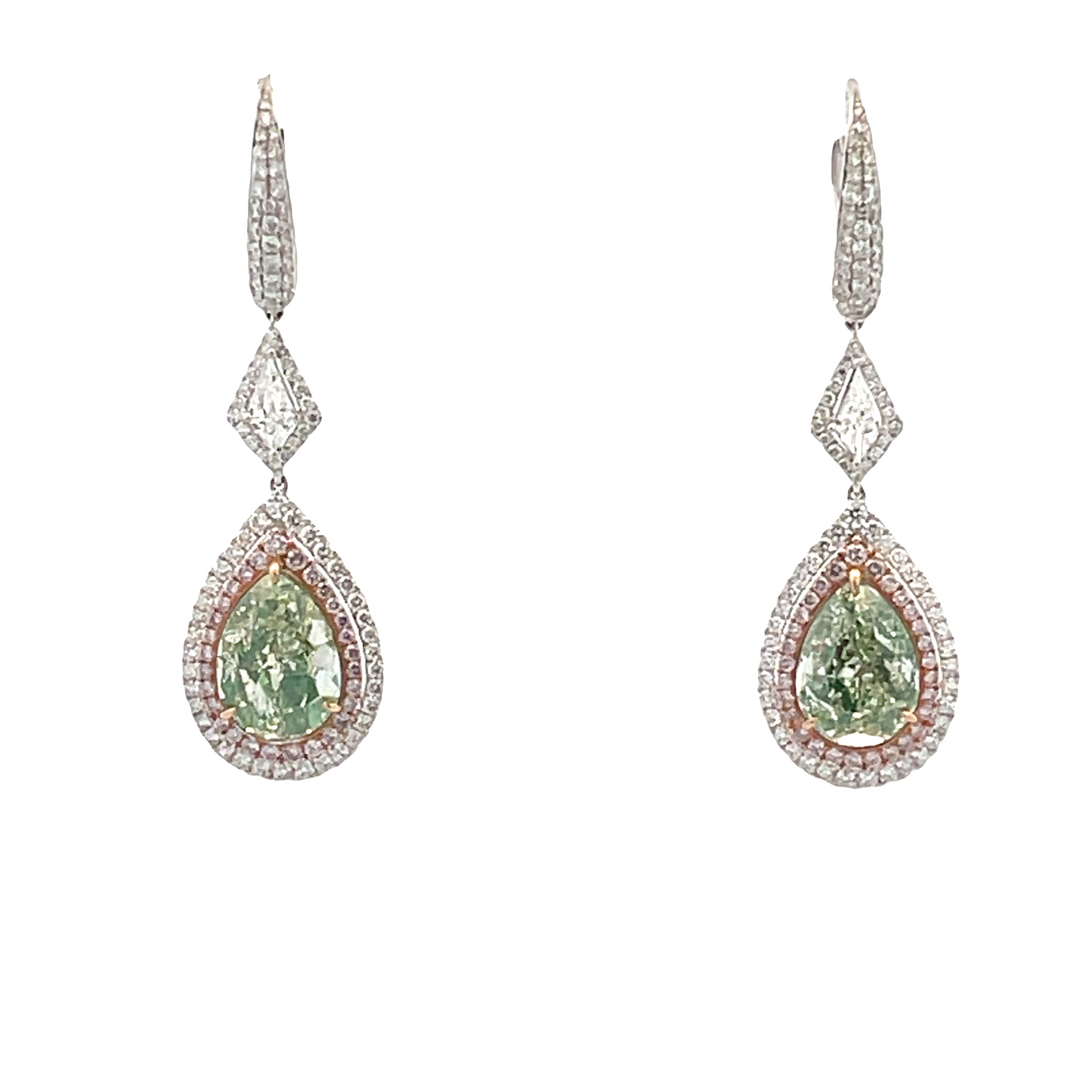 18KW PEAR SHAPE GREEN DIAMOND DROP WITH PINK AND WHITE DIAMOND EARRINGS