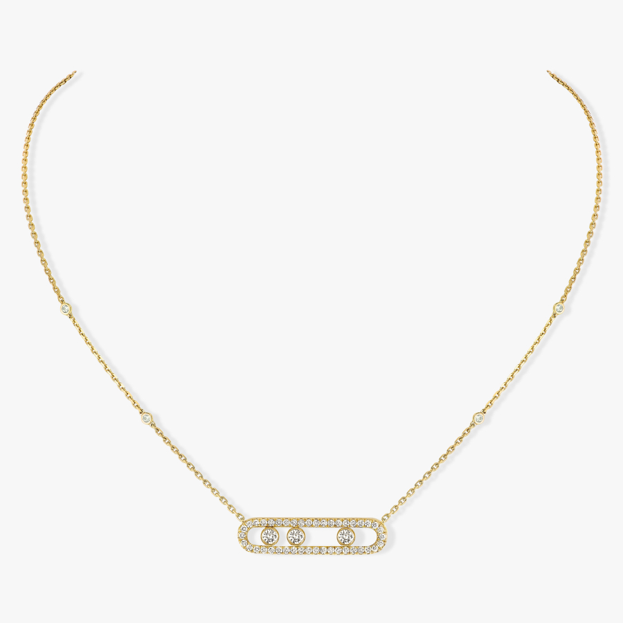 This pavé necklace in 18 karat yellow gold is part of Move, the signature collection of the Maison Messika.
