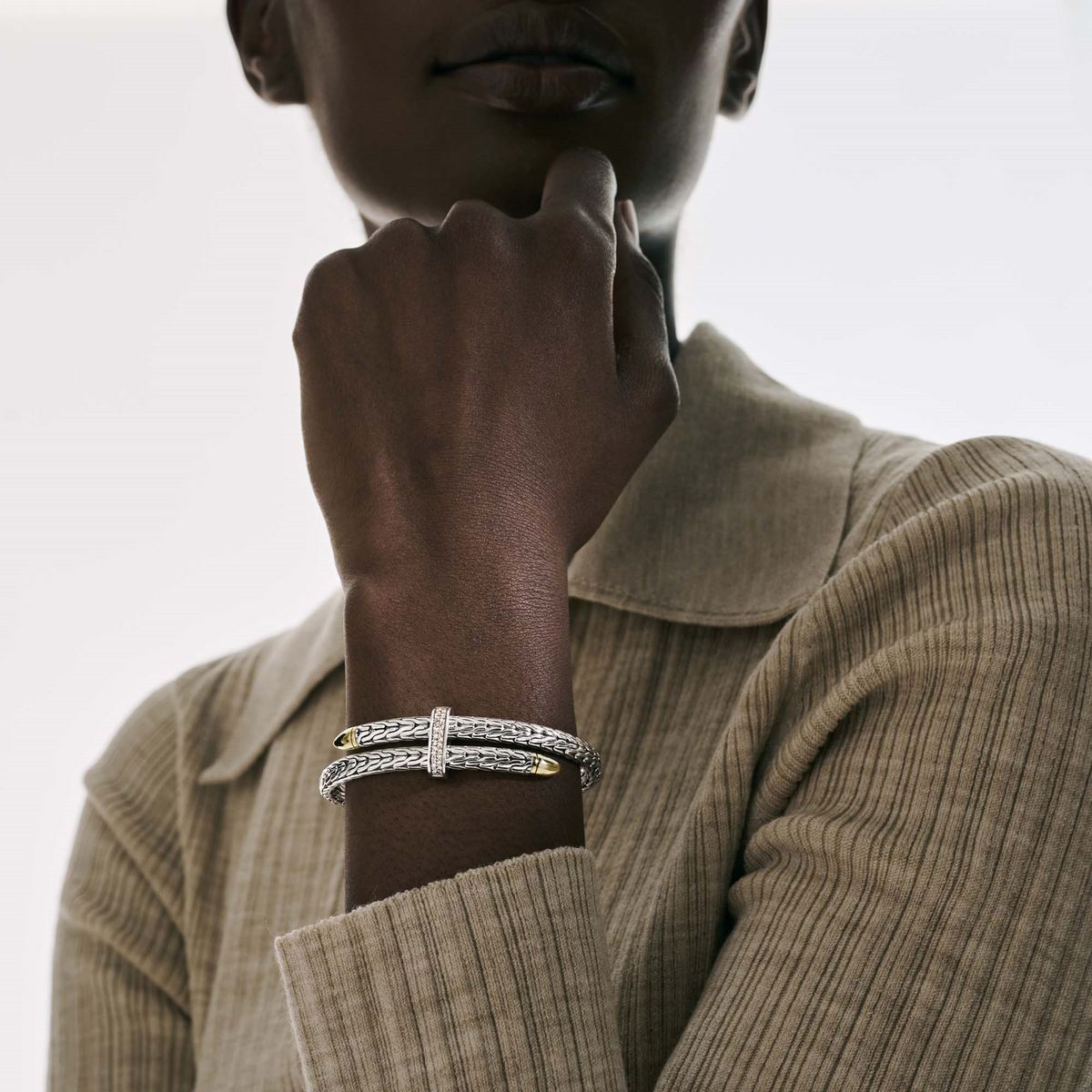 SILVER & 14KY GOLD DIAMOND PAVE SPEAR FLEX CUFF