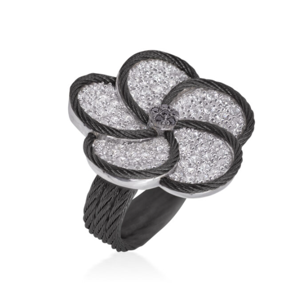 BLACK CABLE AND 18KW DIAMOND FORGET ME NOT FLOWER RING