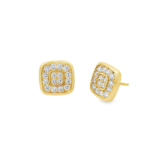 18KY Square Stud Earrings with Round Brilliant Diamonds
