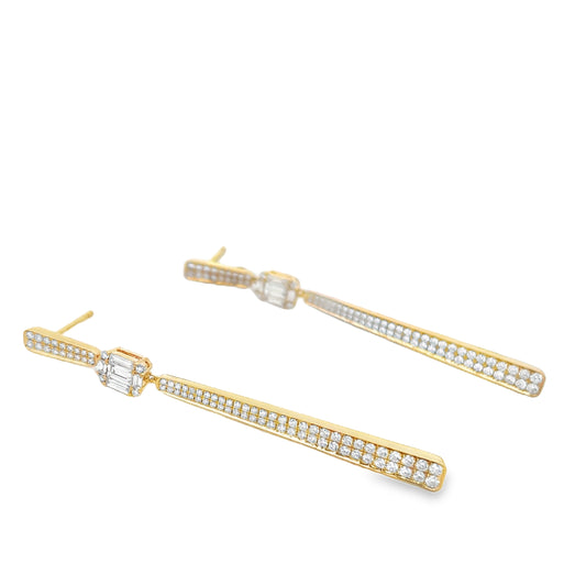 18KY DANGLE EARRINGS WITH EMERALD CUT DIAMONDS