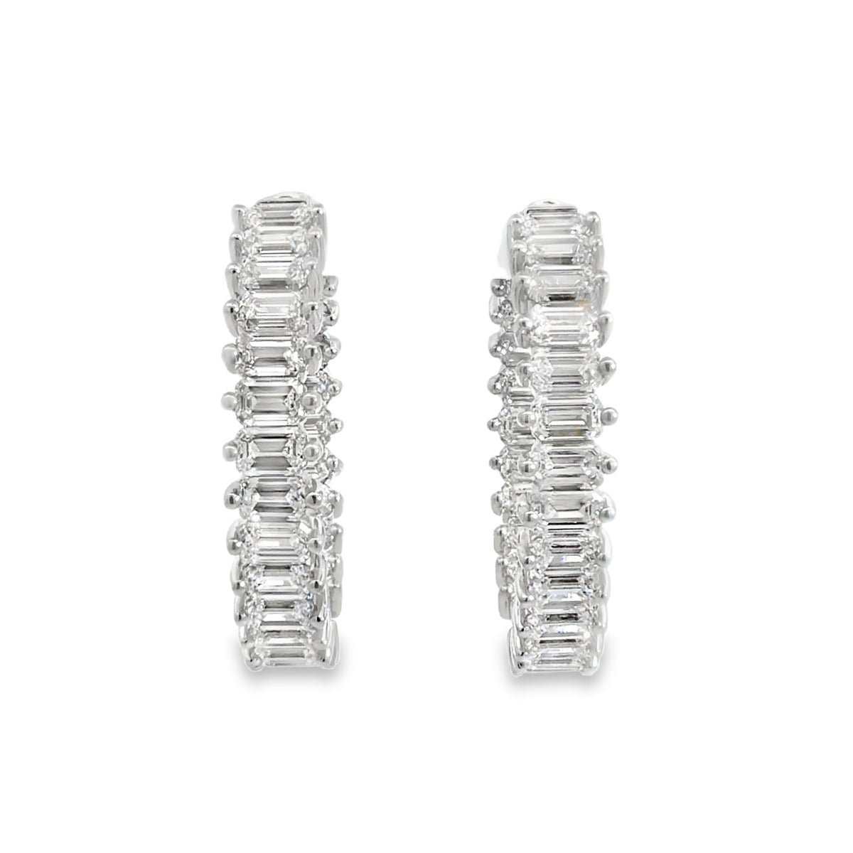 18KW EMERALD CUT DIAMOND HOOP EARRINGS
