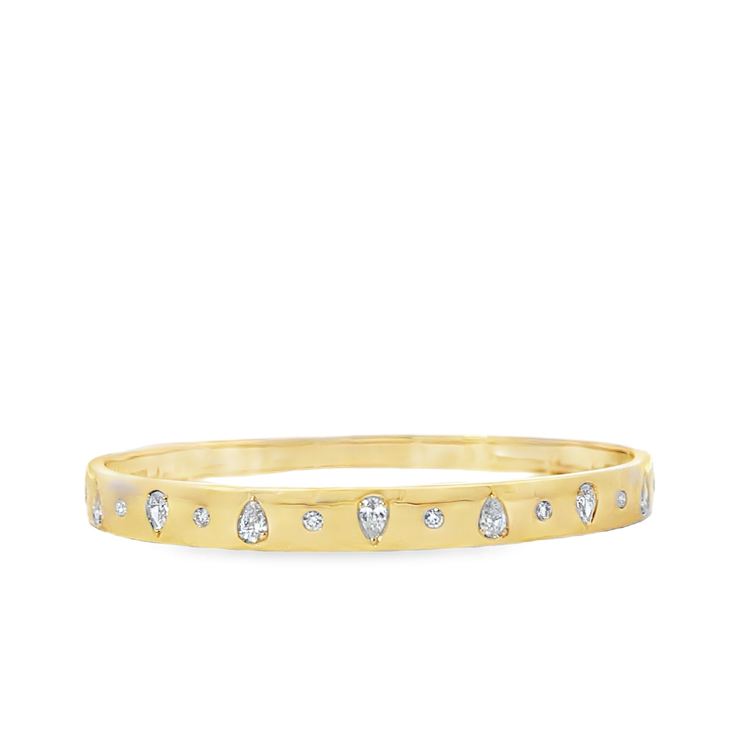 18K Yellow Gold Bangle with Pear and Round Shaped Diamond Accents
