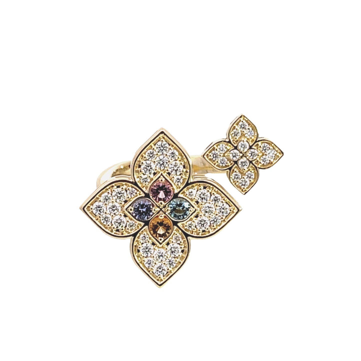 18KY VENETIAN PRINCESS CARNIVAL PAVE DIAMOND AND MIXED STONES DOUBLE FLOWER RING