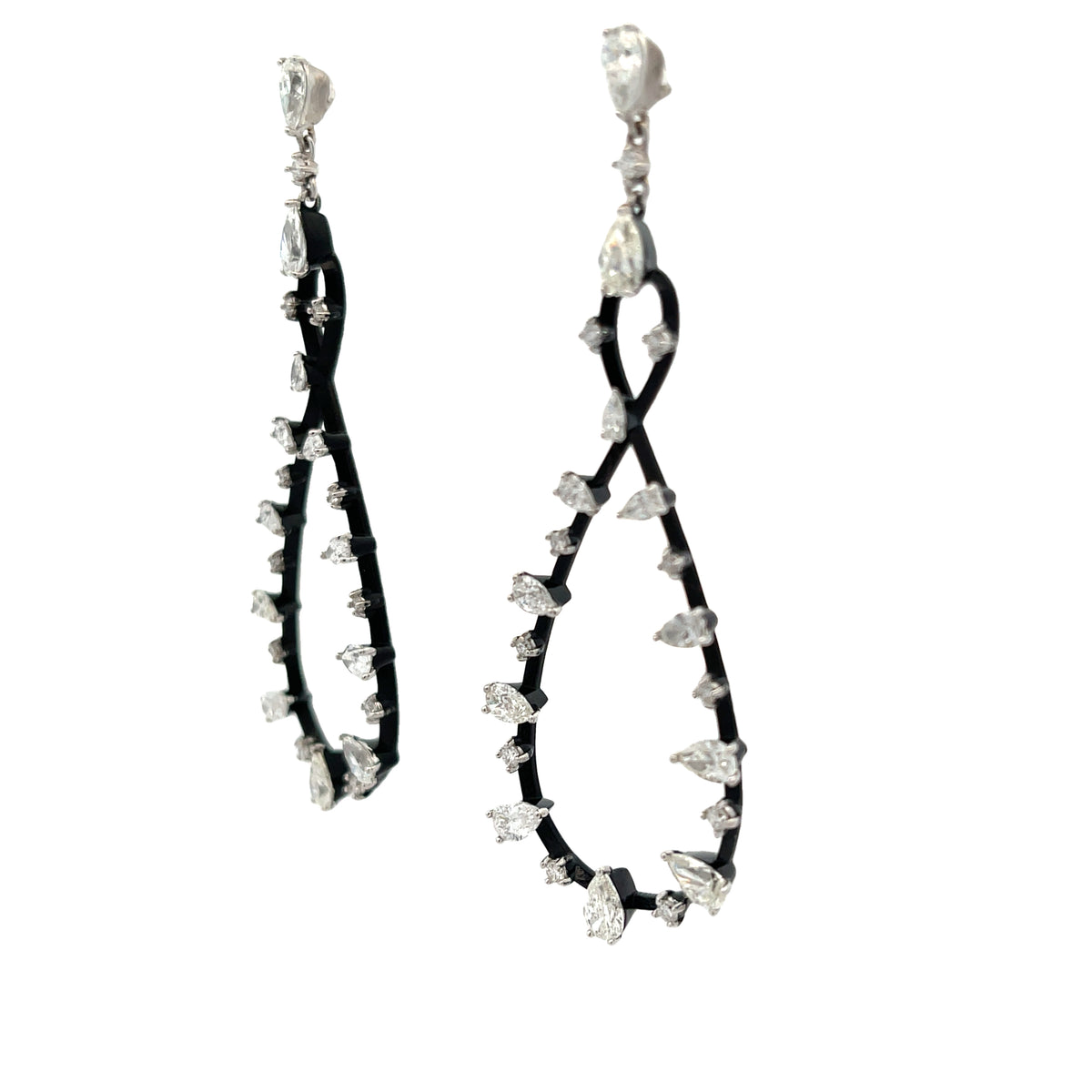 18KW & BLACK ENAMEL AND DIAMOND DROP EARRINGS