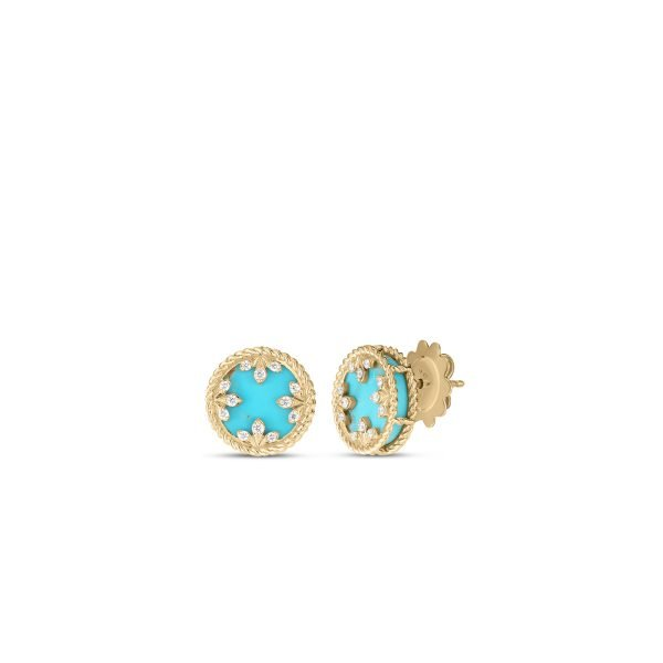 18KY SMALL DIAMOND & TURQUOISE MEDALLION STUD EARRINGS