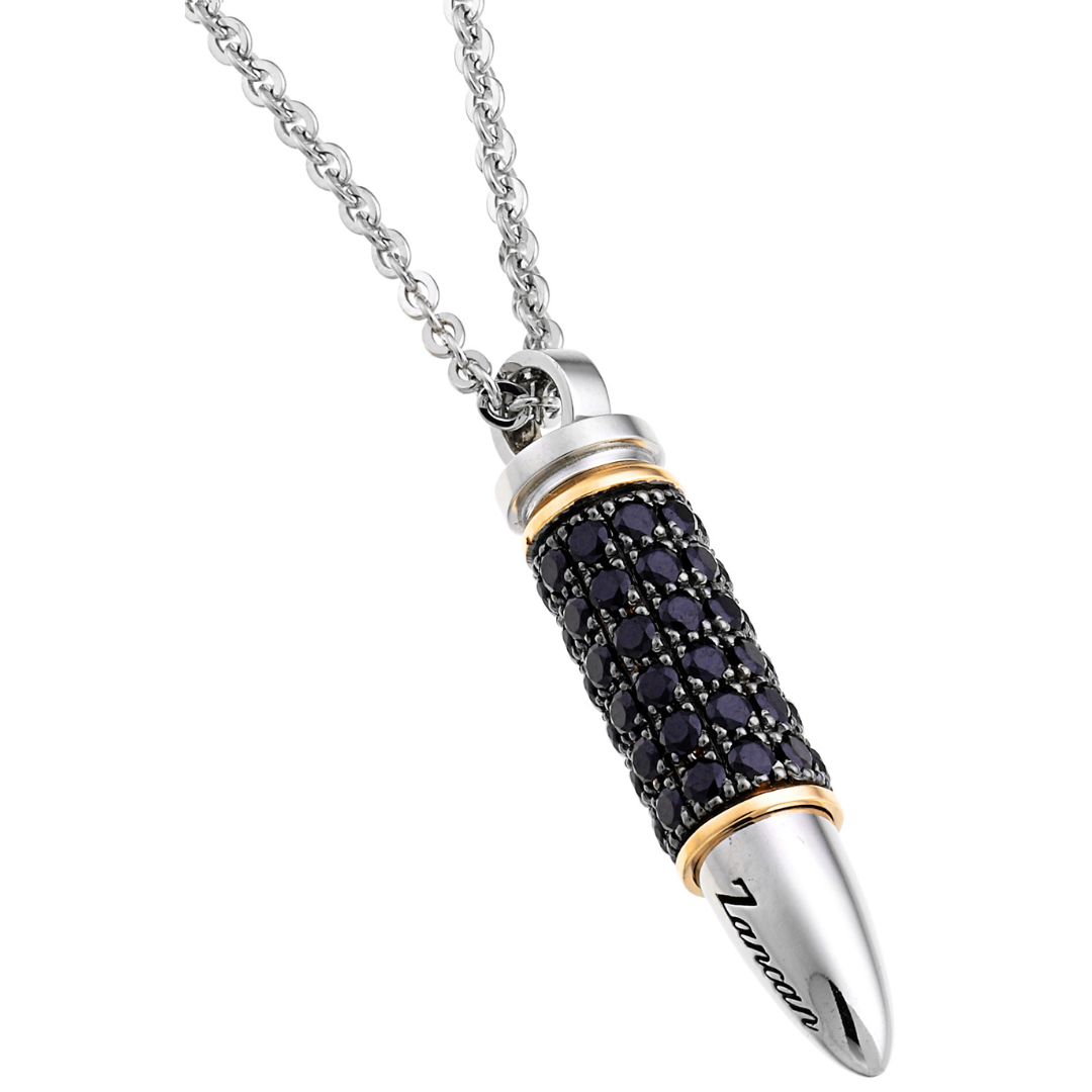 Zancan necklace with bullet pendant in 18kt yellow and white gold with diamonds. This necklace is part of Limited Edition collection: a bold, high-end jewellery collection crafted with extreme delicacy. Extravagant, unique and striking, this collection features diamond-studded skulls, wild animals and weapons.