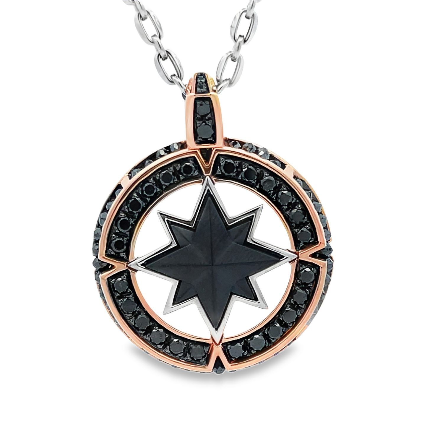 Zancan necklace with compass rose pendant in 18kt white and rose gold with black diamonds and black ceramic. Completely hand made in Italy, the necklace is part of Black Magic collection: a timeless collection that celebrates a new, updated concept of elegance. Its the result of years of research into style and innovation. Class and innovation come together thanks to quality manufacture and scrupulous attention to detail.