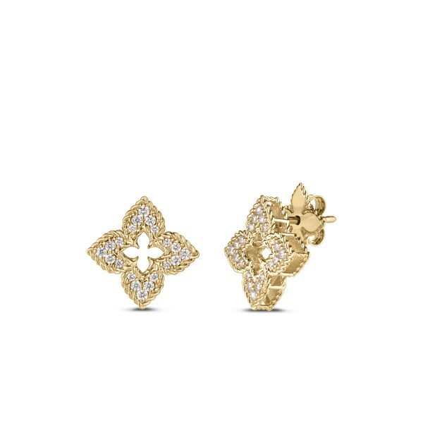 18KY VENETIAN PRINCESS SMALL DIAMOND PAVE FLOWER STUD EARRINGS