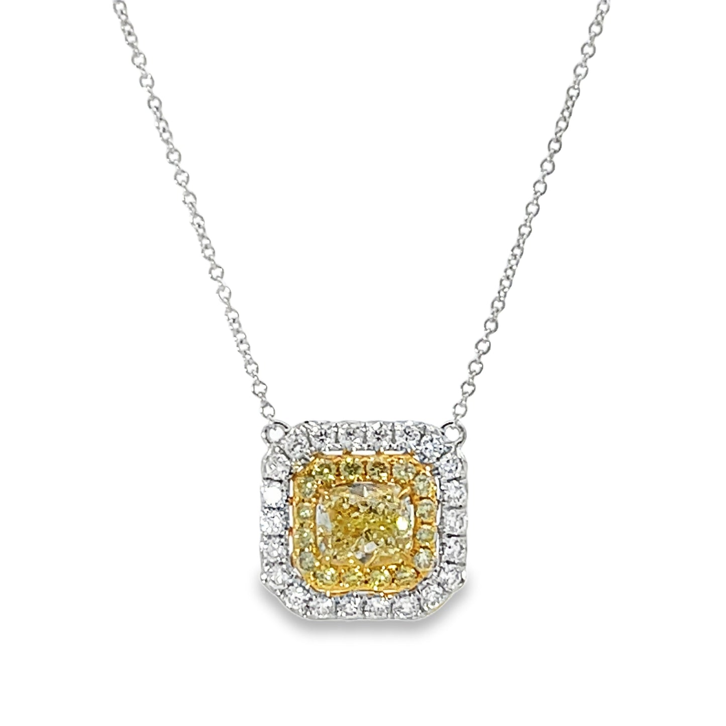 18KY WHITE AND YELLOW CUSHION CUT DIAMOND NECKLACE