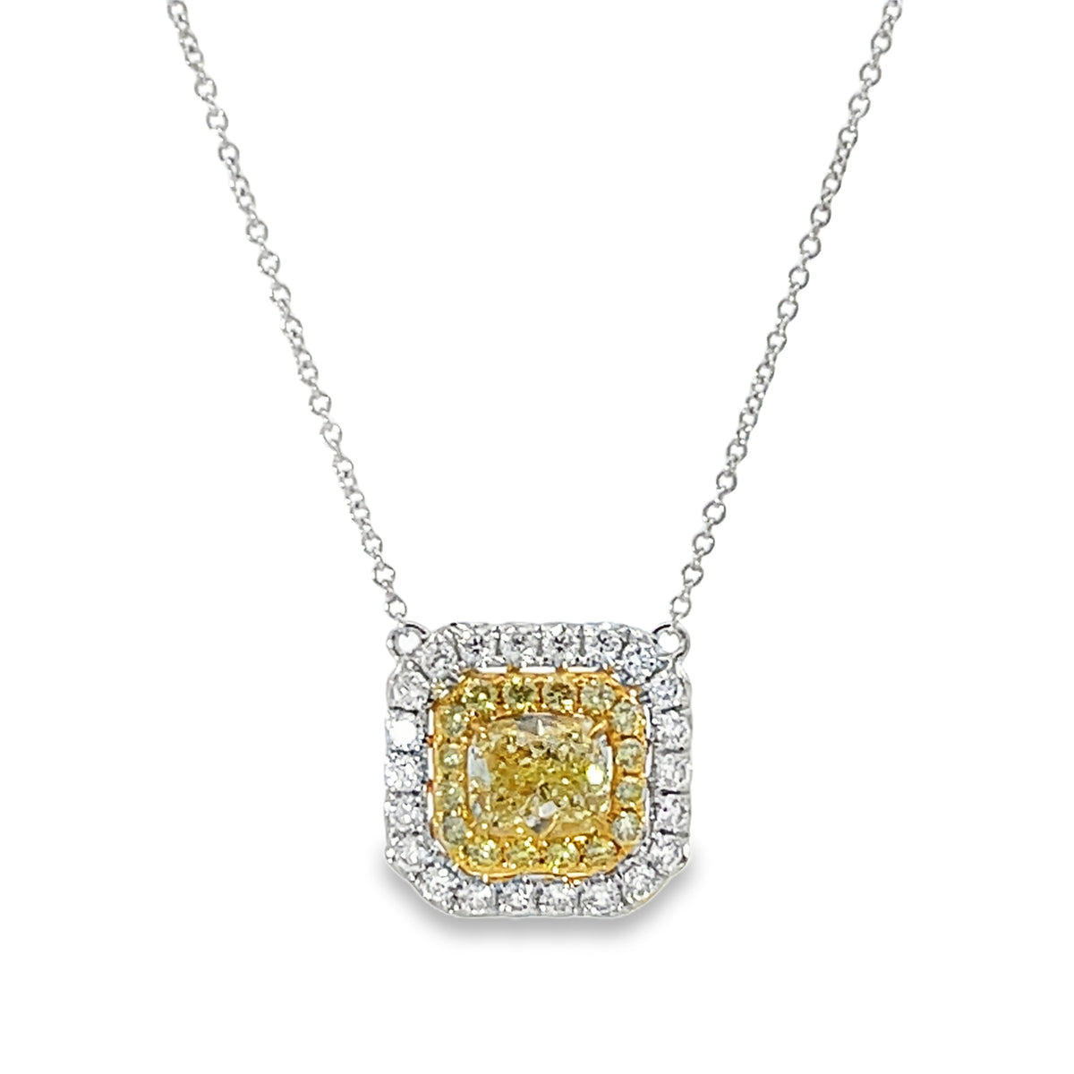 18KY WHITE AND YELLOW CUSHION CUT DIAMOND NECKLACE