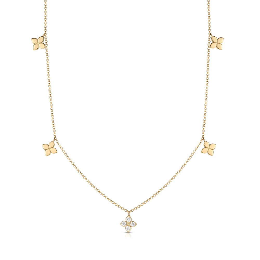 18KY LOVE IN VERONA DIAMOND AND POLISHED SMALL FLOWER STATION NECKLACE
