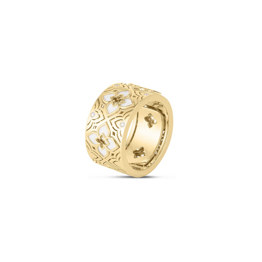 18KY VENETIAN PRINCESS ETCHED FRAME DIAMOND AND WHITE ENAMEL FLOWER RING