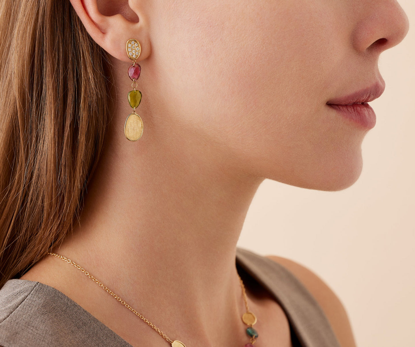 18KY LUNARIA TOURMALINE AND DIAMOND DROP EARRINGS