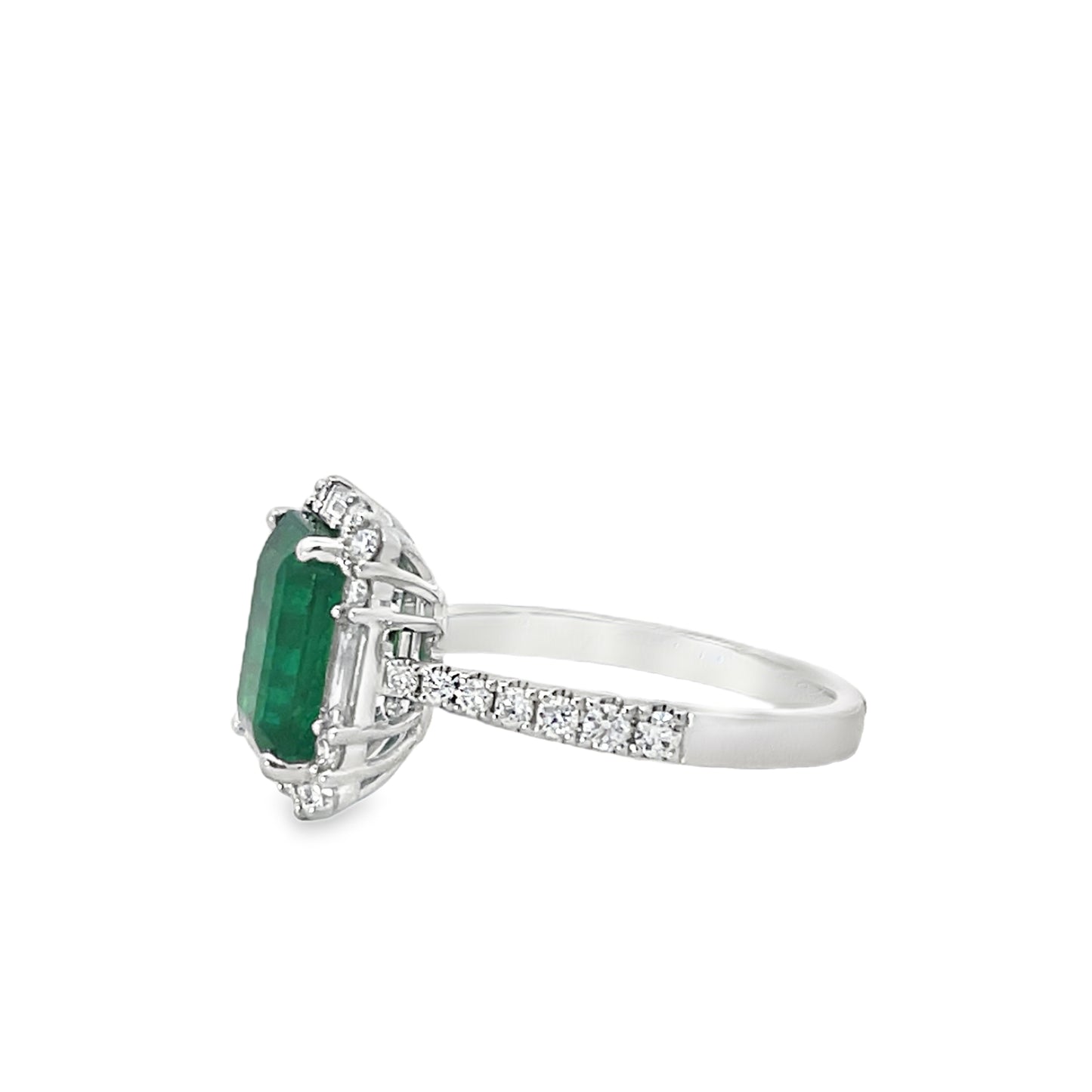 18KW EMERALD CUT EMERALD RING WITH MIXED SHAPE DIAMONDS