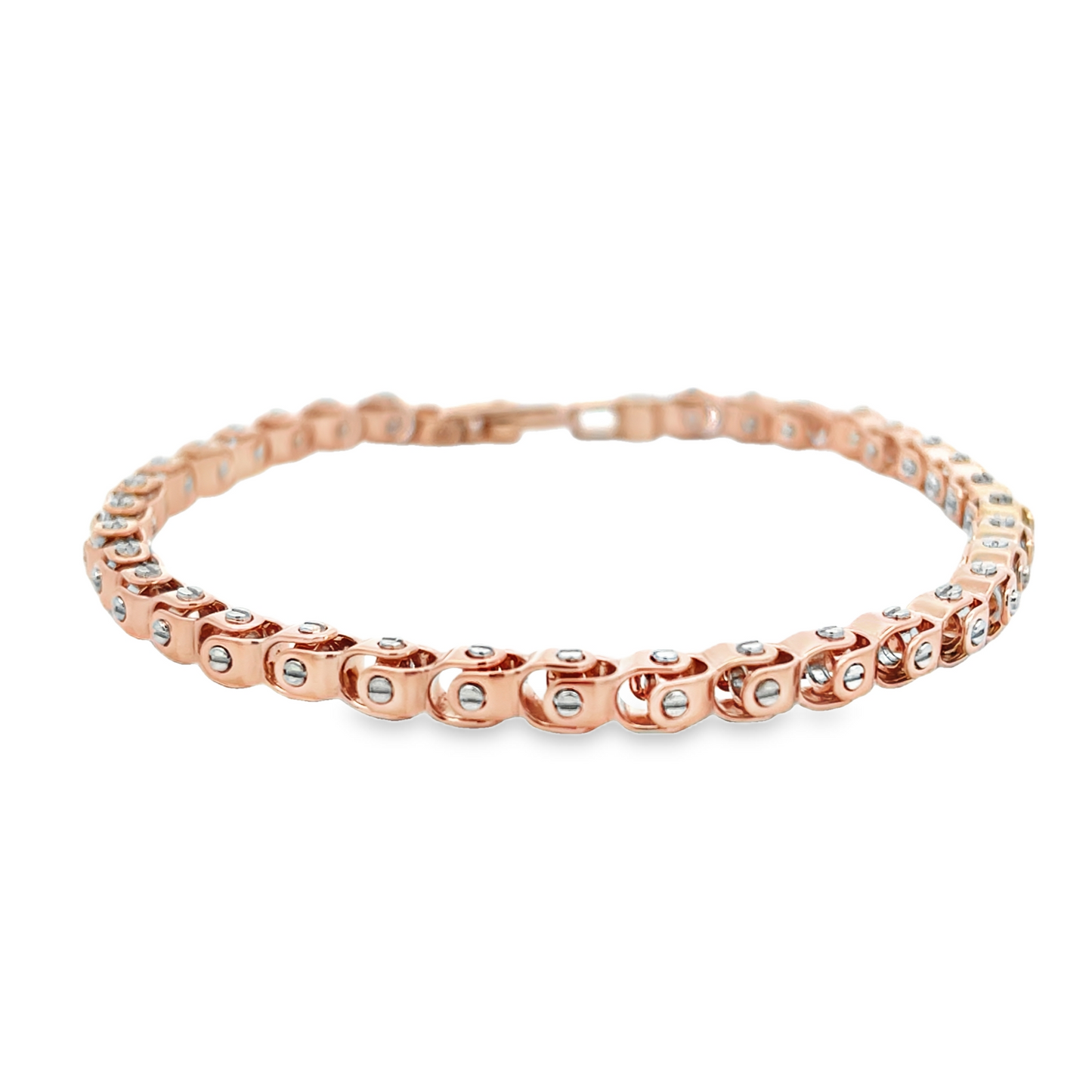 Zancan bracelet in 18kt rose and white gold. The bracelet is composed of rose and white gold links assembled together in a mechanical and engineered manner. The contrast between rose and white gold gives this bracelet a strong visual impact. It's a jewel of great mechanical complexity.