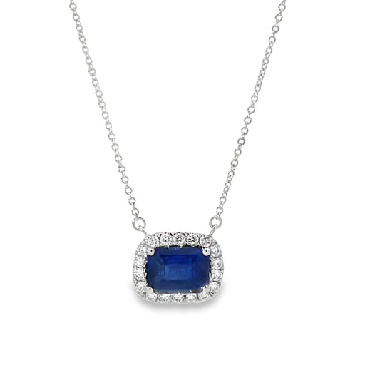 18KW EMERALD CUT BLUE SAPPHIRE NECKLACE WITH DIAMONDS