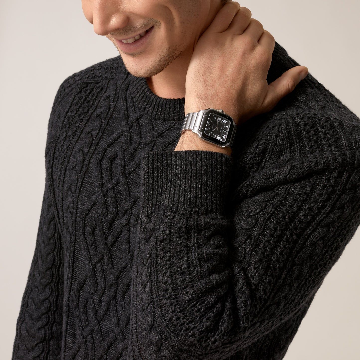 SS LARGE SANTOS DE CARTIER GRAY DIAL BRACELET AND BLACK RUBBER STRAP