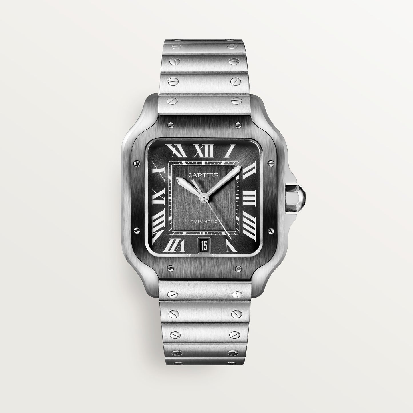 SS LARGE SANTOS DE CARTIER GRAY DIAL BRACELET AND BLACK RUBBER STRAP