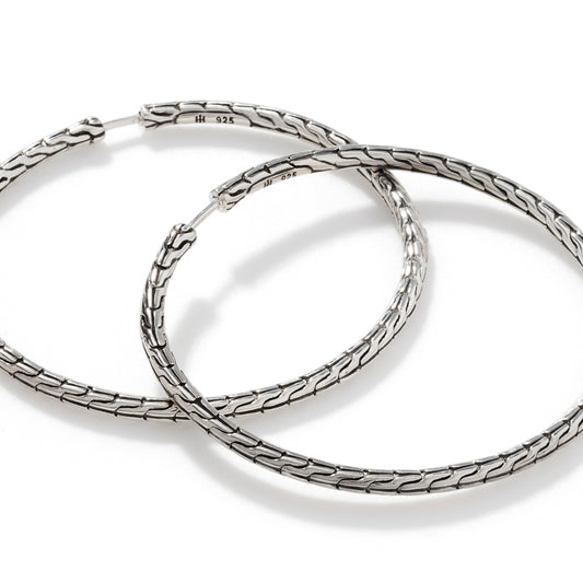 Carved Chain Hoop Earring, Silver, 50MM