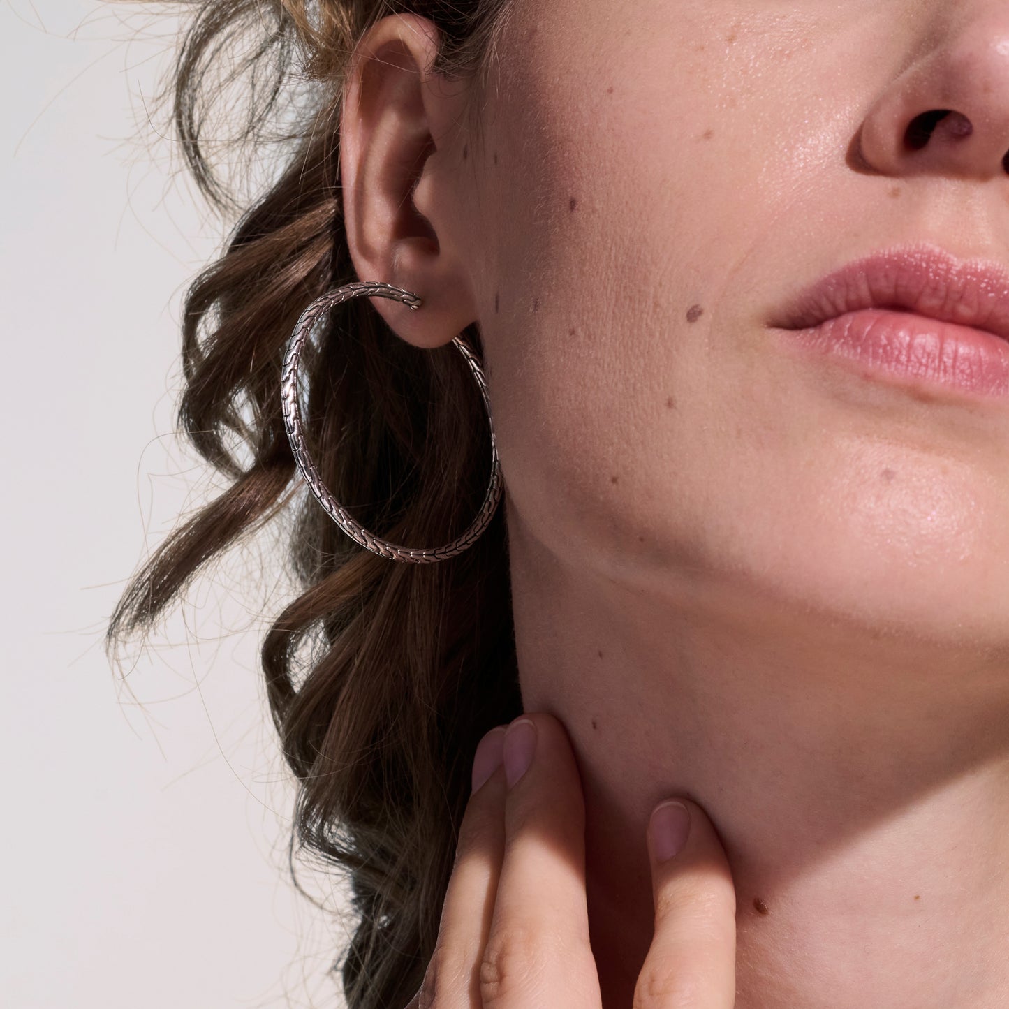 Carved Chain Hoop Earring, Silver, 50MM