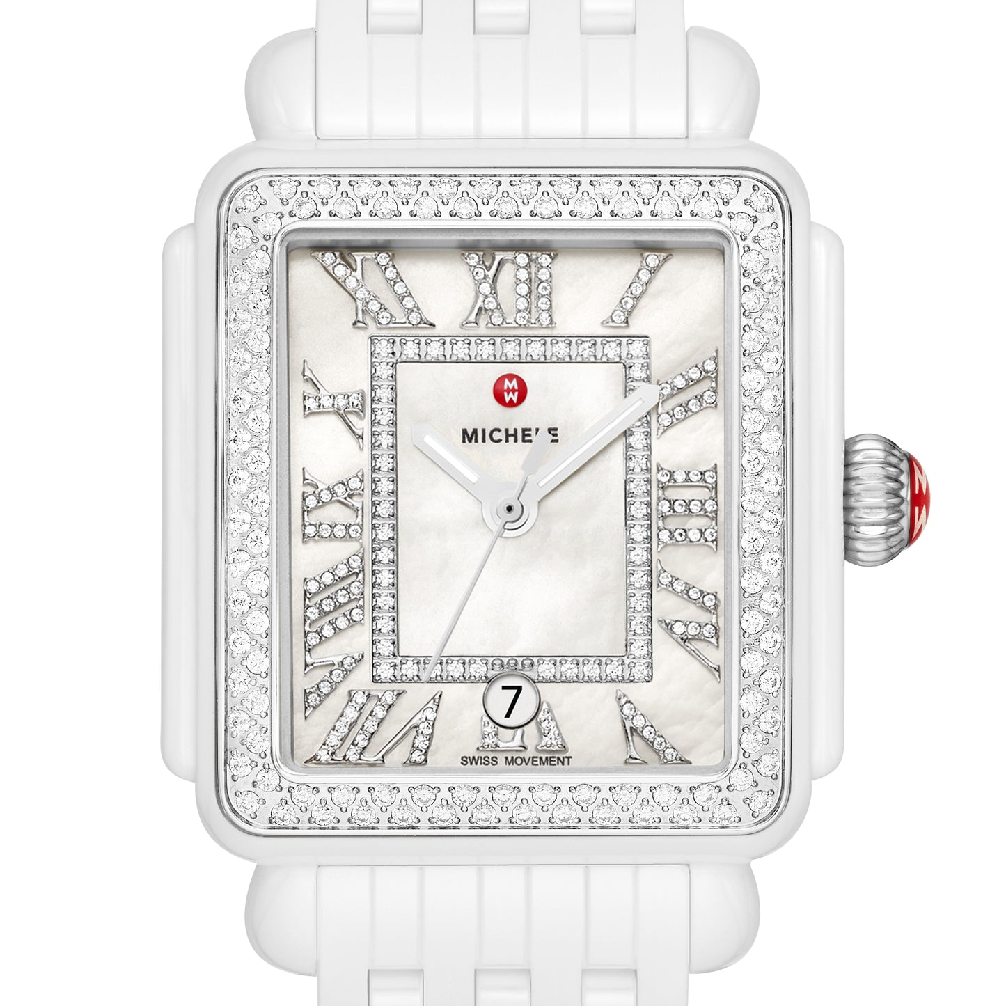 This Deco Madison watch shines with 263 hand-set diamonds (0.86 carat weight) along the bezel, white silver sunray dial with Roman numerals indexes and Swiss three-hand date movement. The seven-link ceramic bracelet is interchangeable with any 18mm MICHELE strap.