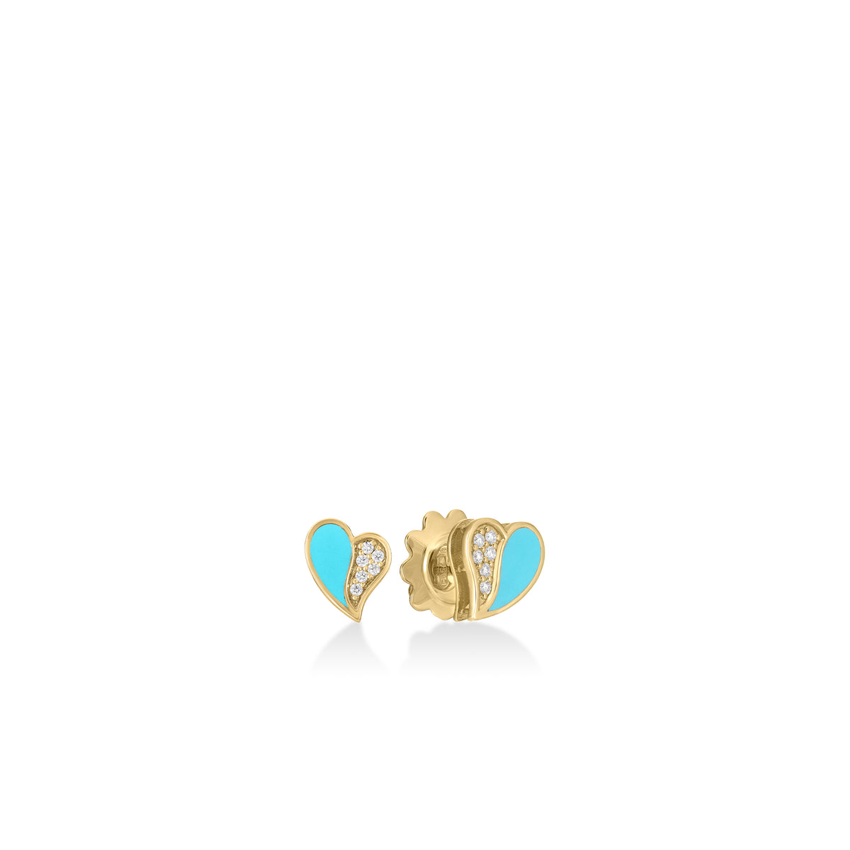 18KY AMORINO DIAMOND AND CYAN ENAMEL HEART STUD EARRINGS