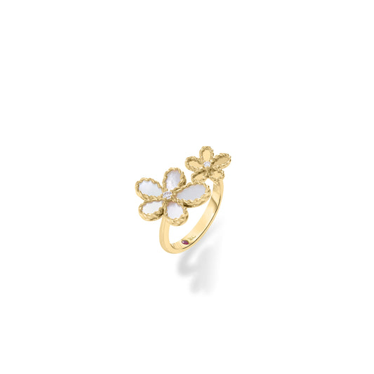 18KY JASMINE DIAMOND AND MOTHER OF PEARL DOUBLE FLOWER RING