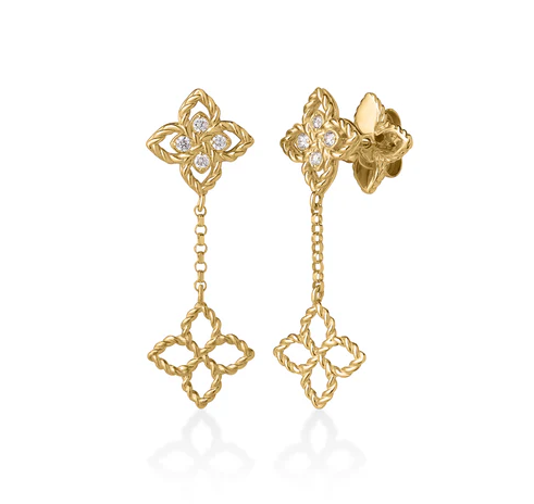 18KY PRINCIPESSA TINY DIAMOND FLOWER DANGLE EARRINGS