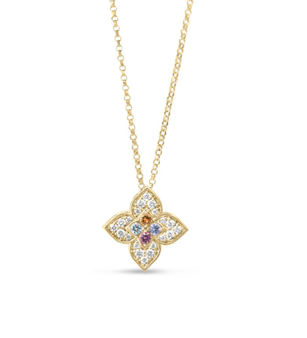 ROBERTO COIN 18KY VENETIAN PRINCESS CARNIVAL PAVE DIAMOND AND MIXED STONE LARGE FLOWER NECKLACE