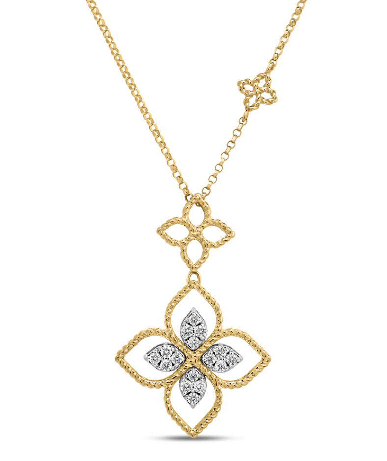 PRINCESS FLOWER OPEN FRAME PAVE DIAMOND DOUBLE FLOWER NECKLACE