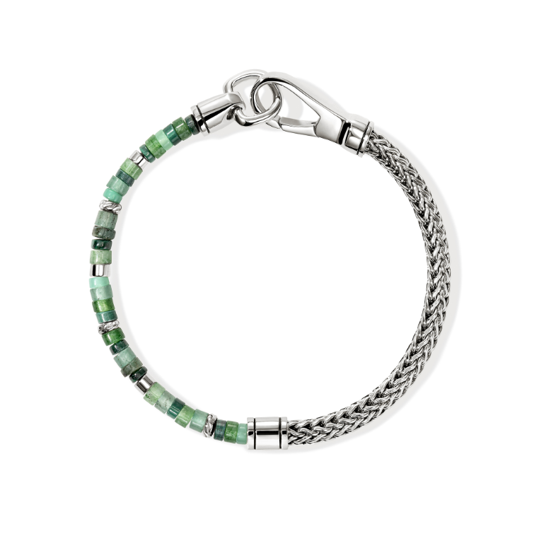 Heishi Chain Bracelet, Sterling Silver, Hardstones, Emeralds, 4MM