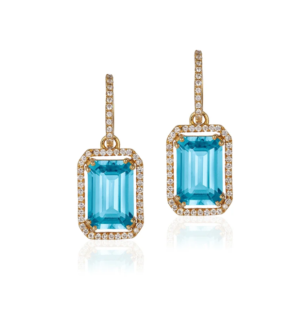 GOSHWARA 18KY BLUE TOPAZ EMERALD CUT PAVE FRAME DROP EARRINGS