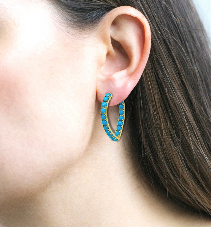 GOSHWARA 18KY TURQUOISE CABOCHON HEART HOOP EARRINGS