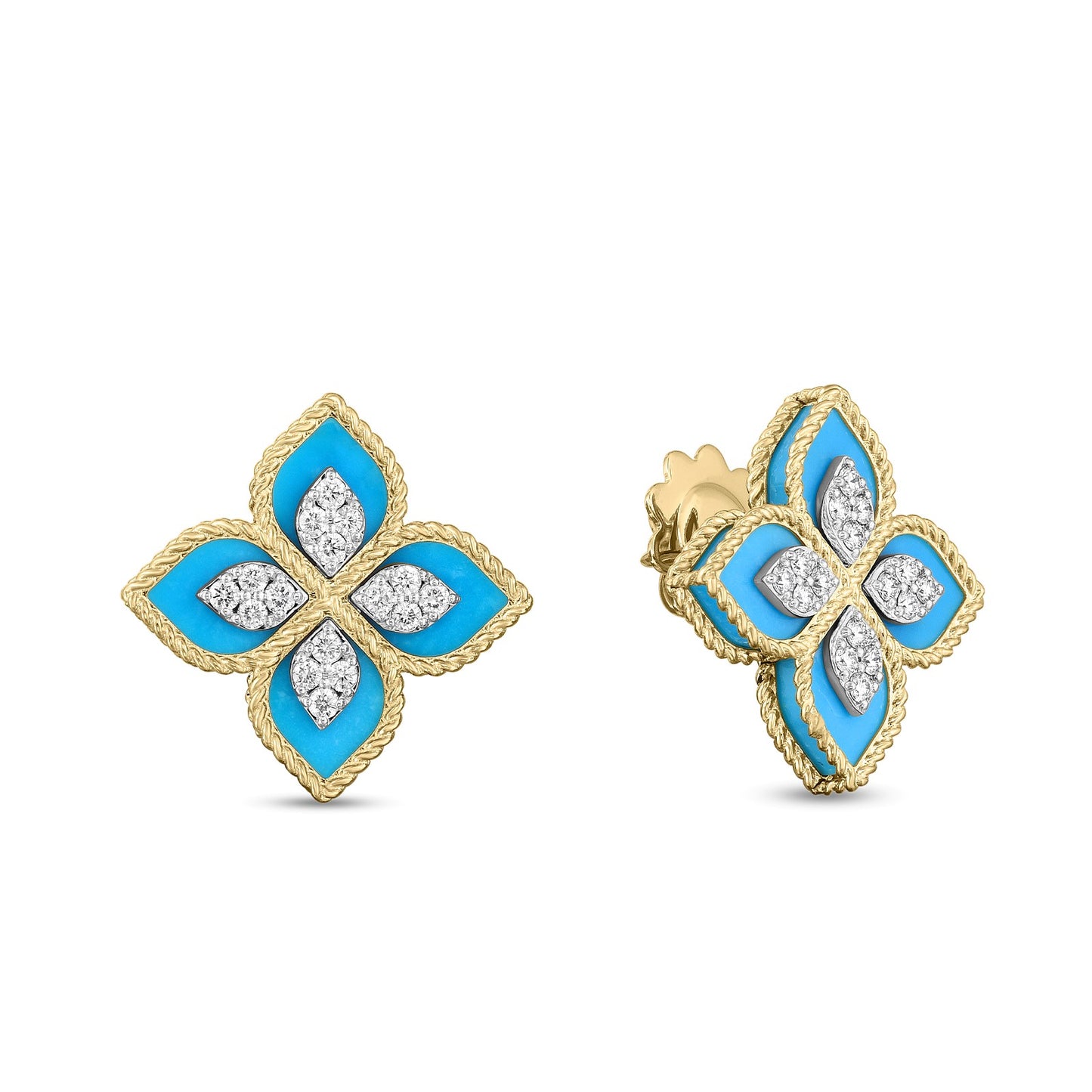 18KYW VENETIAN PRINCESS DIAMOND AND TURQUOISE FLOWER STUD EARRINGS