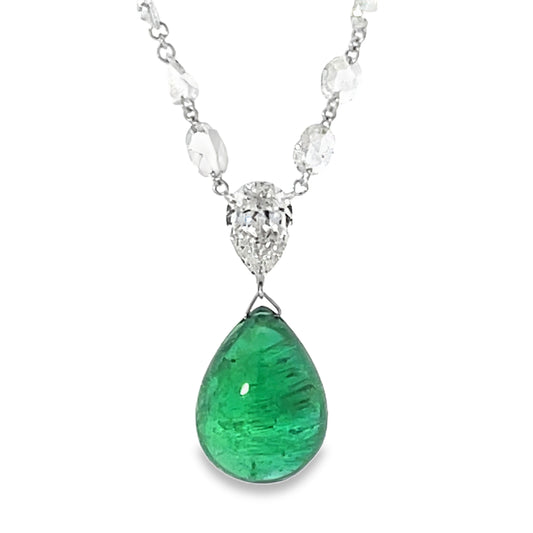 18KW DIAMOND AND PEAR SHAPE CABACHON EMERALD NECKLACE