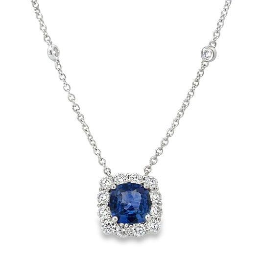 18KW DIAMOND AND ROUND BLUE SAPPHIRE NECKLACE