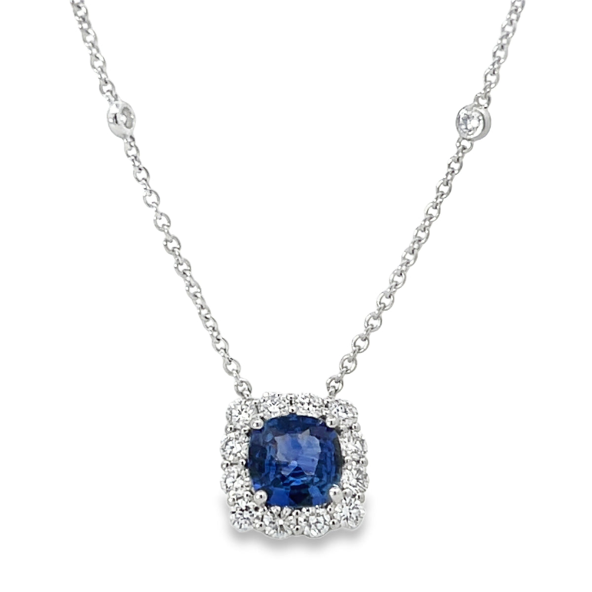 18KW DIAMOND AND ROUND BLUE SAPPHIRE NECKLACE