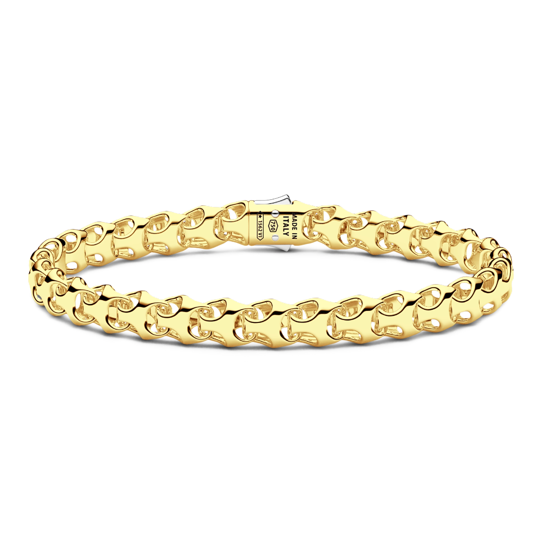 Zancan bracelet in 18kt yellow and white gold. The bracelet is composed of yellow and white gold links assembled together in a mechanical and engineered manner. The contrast between yellow and white gold gives this bracelet a strong visual impact. It's a jewel of great mechanical complexity.