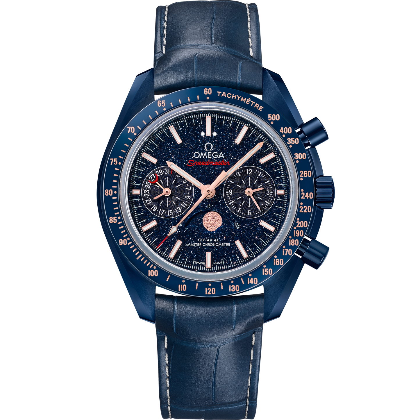 44MM BLUE CERAMIC SPEEDMASTER MOONPHASE AVENTURINE DIAL BLUE STRAP
