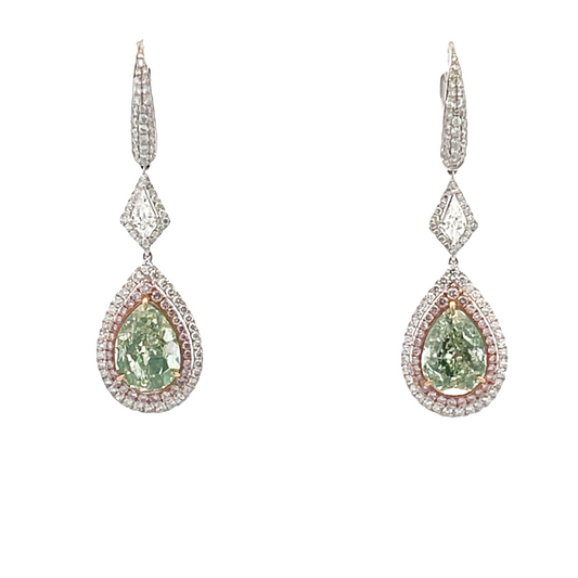 18KW PEAR SHAPE GREEN DIAMOND DROP WITH PINK AND WHITE DIAMOND EARRINGS