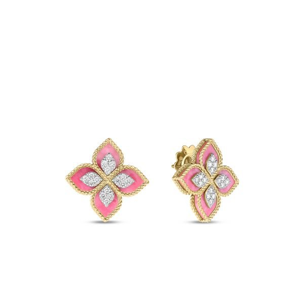18KYW VENETIAN PRINCESS DIAMOND & RHODONITE FLOWER STUD EARRINGS