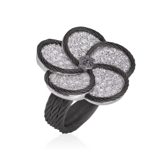 BLACK CABLE AND 18KW DIAMOND FORGET ME NOT FLOWER RING