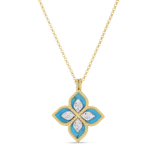 18KY VENETIAN PRINCESS DIAMOND AND TURQUOISE FLOWER NECKLACE