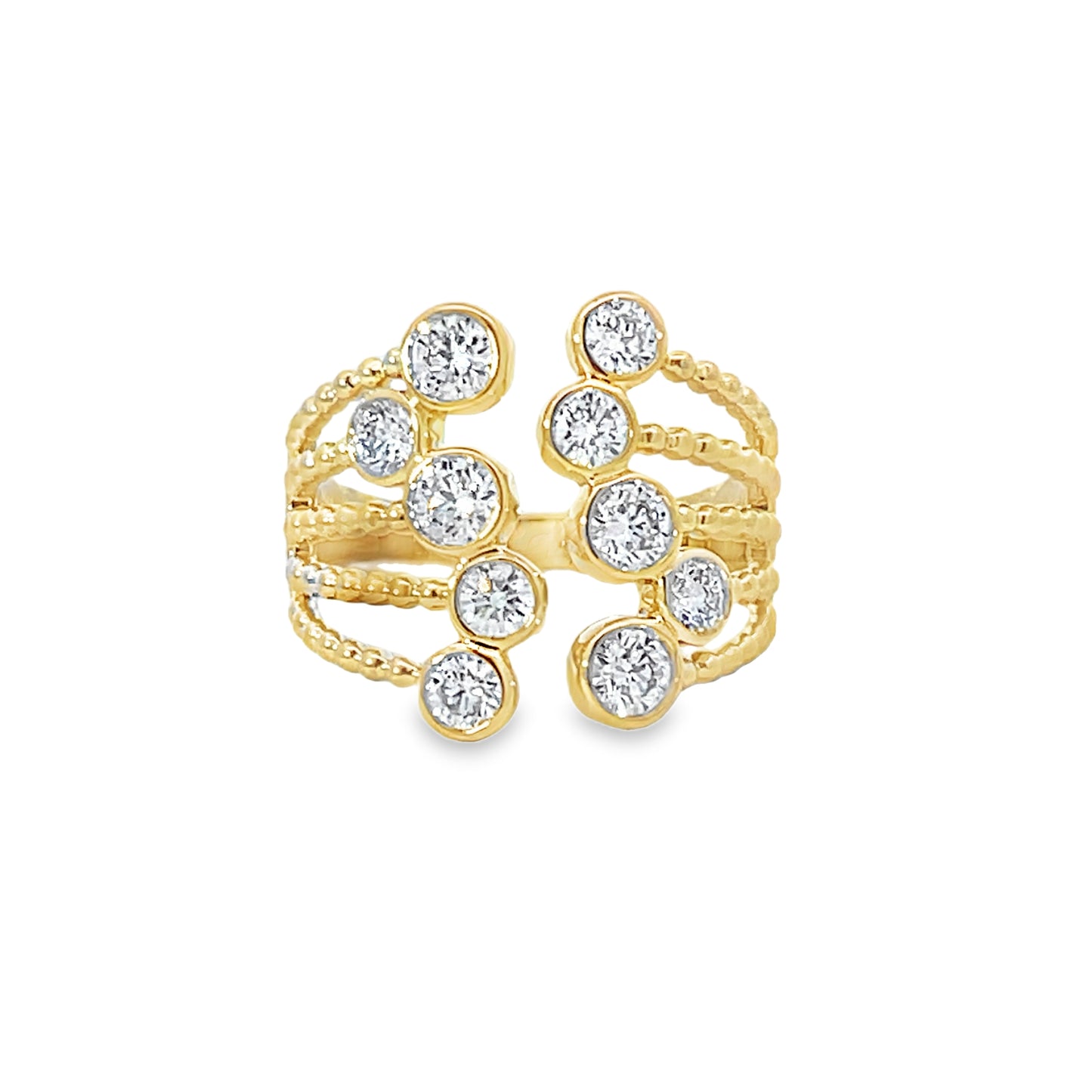 18K Yellow Gold Ring with Round Cut Diamond Clusters