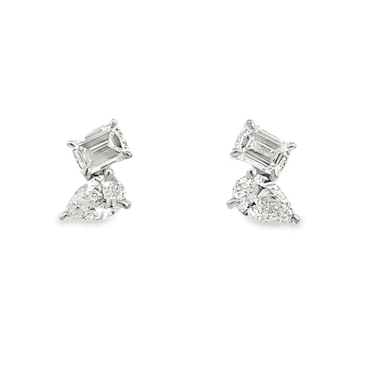 18KW PEAR AND EMERALD CUT DIAMONDS STUD EARRINGS