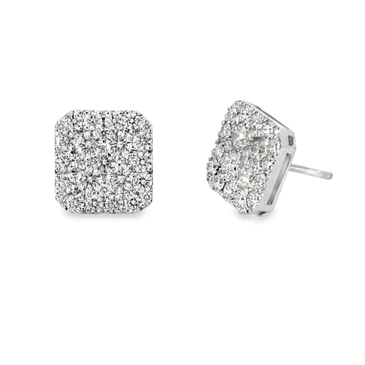 18KW Square Diamond Cluster Stud Earrings