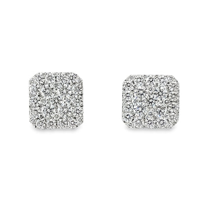 18KW Square Diamond Cluster Stud Earrings